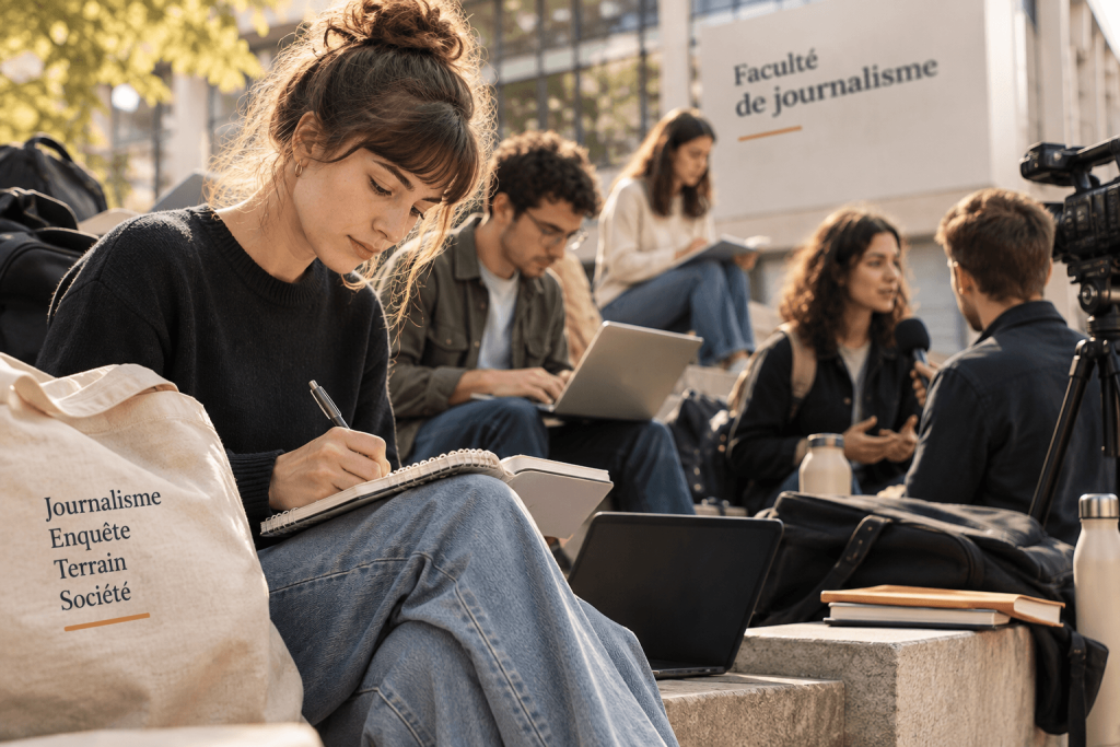 Etudiante en école de journalisme préparant un reportage.