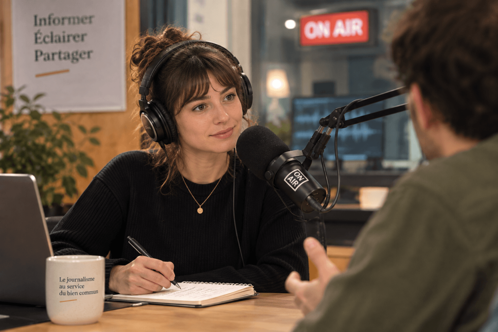 Journaliste radio qui interview un invité en direct.